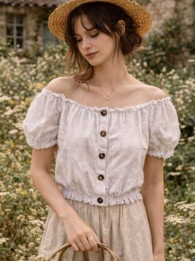 Cottagecore Milkmaid Eyelet Off Shoulder Prairie Peasant Romantic Blouse Girly